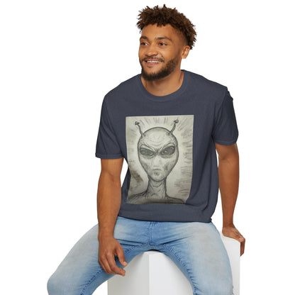 Alien Sketch B & W Unisex Softstyle T-Shirt, Casual Graphic Tee, Sci-Fi Lover Apparel, Unique Gift for UFO Enthusiasts, Everyday Wear