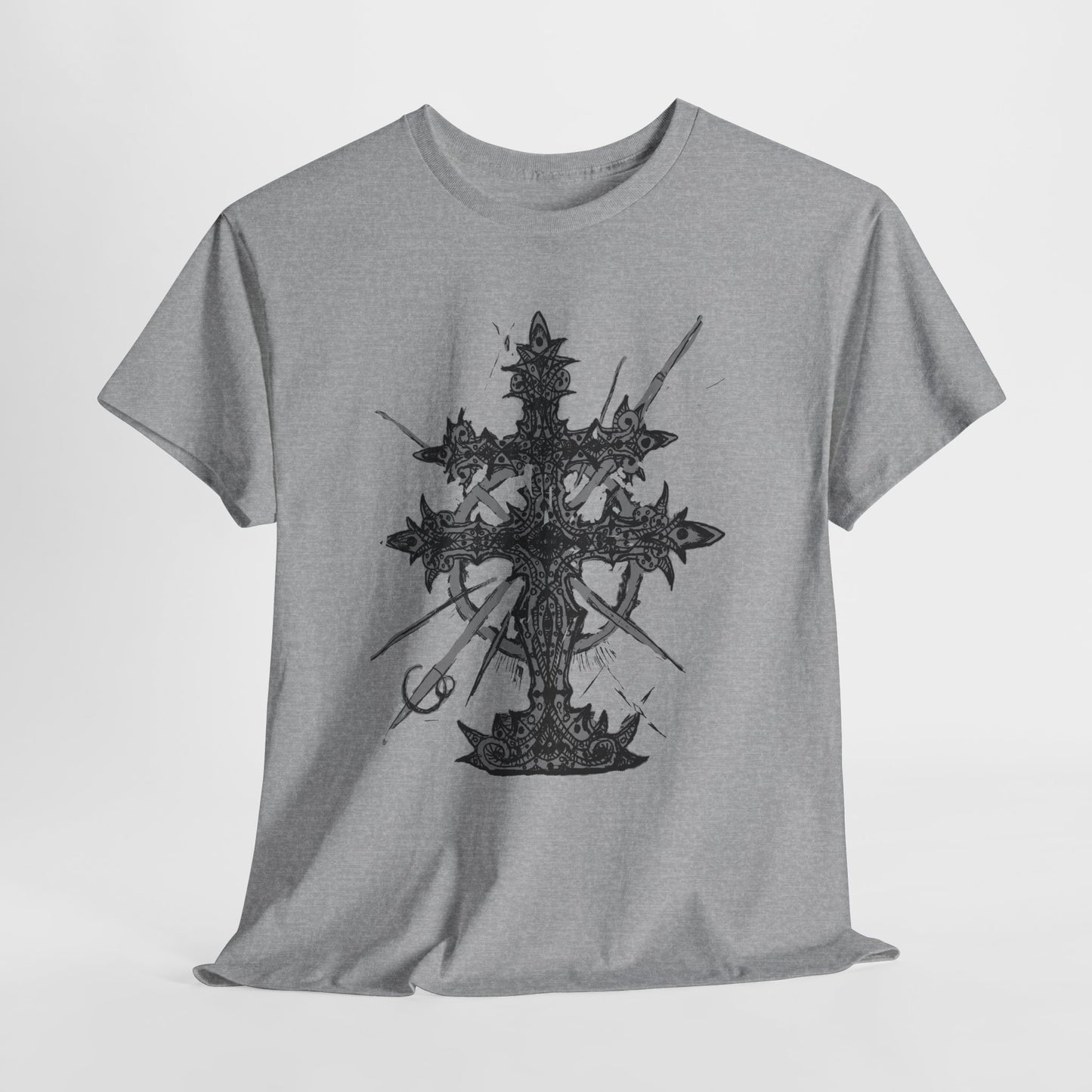 Gothic Cross Graphic T-Shirt — Dark Ornate Church Cross Tee