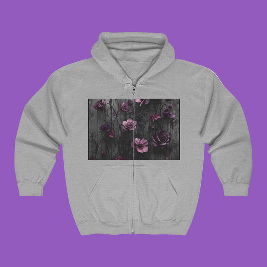 Faded Floral Art Full Zip Hoodie, Cozy Zip-Up Sweatshirt, Great for Fall Fashion