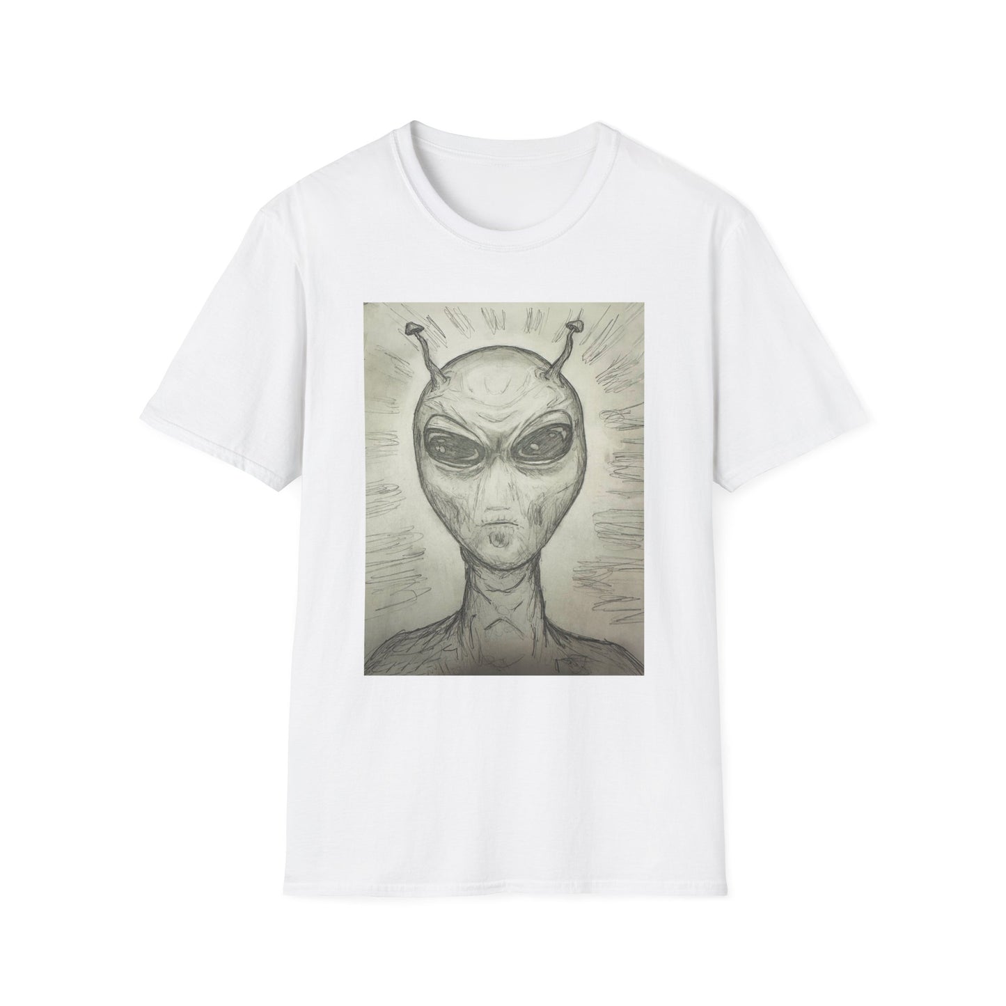 Alien Sketch B & W Unisex Softstyle T-Shirt, Casual Graphic Tee, Sci-Fi Lover Apparel, Unique Gift for UFO Enthusiasts, Everyday Wear