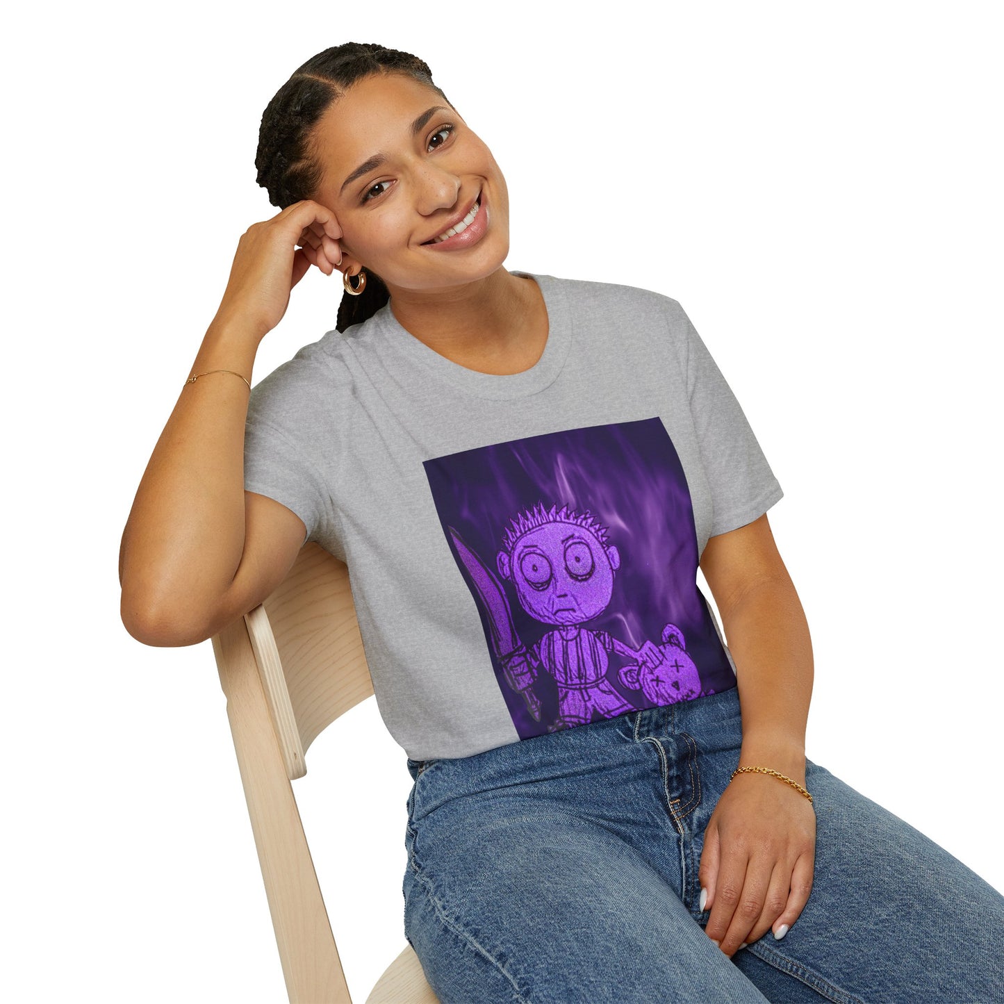 Gothic Purple Cartoon Horror Tee — Knife Kid with Teddy Graphic T-Shirt