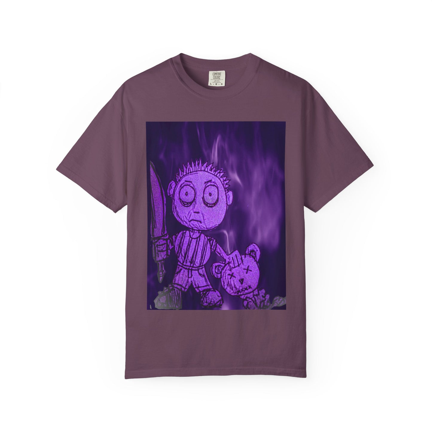 Horror Cartoon T-Shirt — Creepy Knife Kid with Broken Bunny Graphic