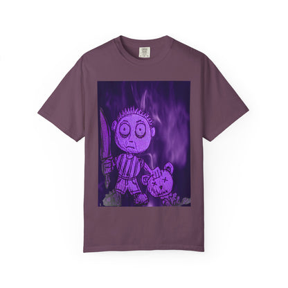 Horror Cartoon T-Shirt — Creepy Knife Kid with Broken Bunny Graphic