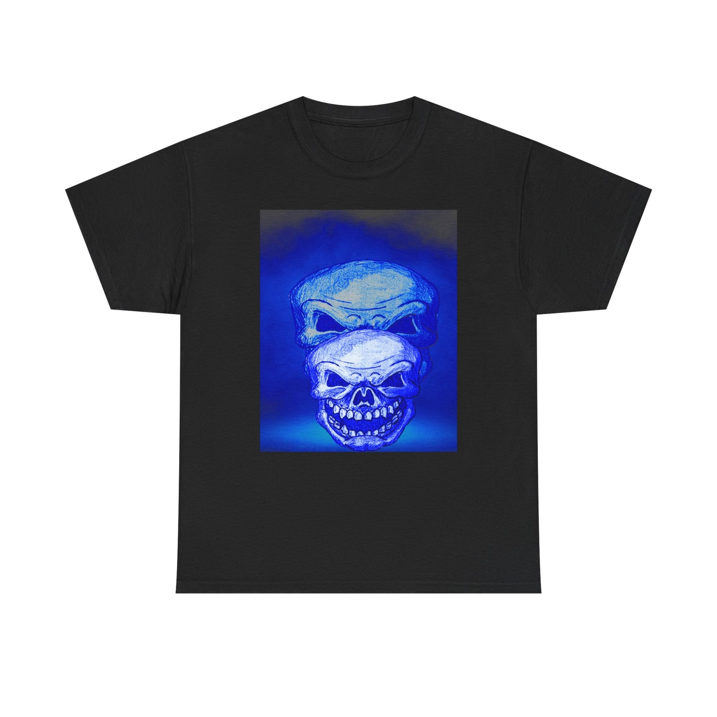 Skull Double Exposure Tee — Neon Blue Horror Graphic T-Shirt