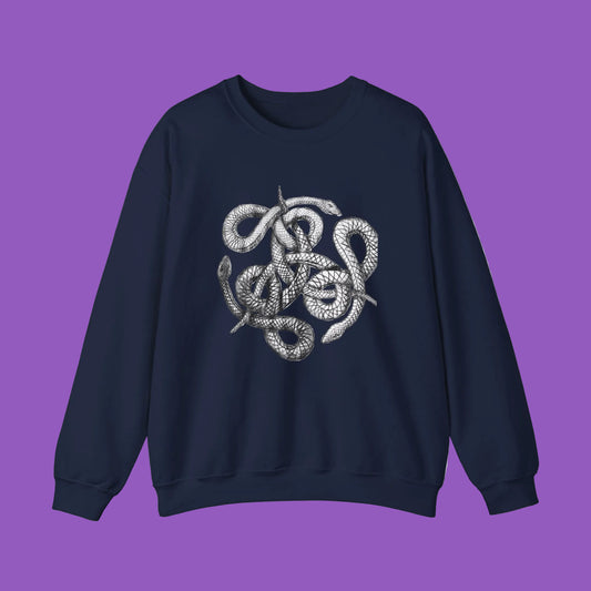 Crewneck Sweatshirt – Black Entwined Snakes Engraving Graphic