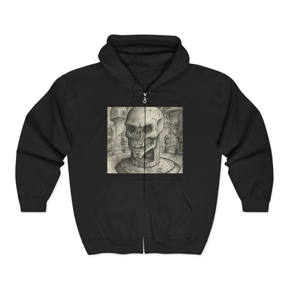 Gothic Black and White Skull Zip Hoodie, Unique Art Sweatshirt, Unisex Heavy Blend Hoodie, Stylish Casual Wear, Perfect for Halloween and Gift