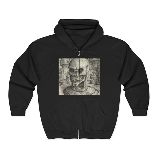 Gothic Black and White Skull Zip Hoodie, Unique Art Sweatshirt, Unisex Heavy Blend Hoodie, Stylish Casual Wear, Perfect for Halloween and Gift