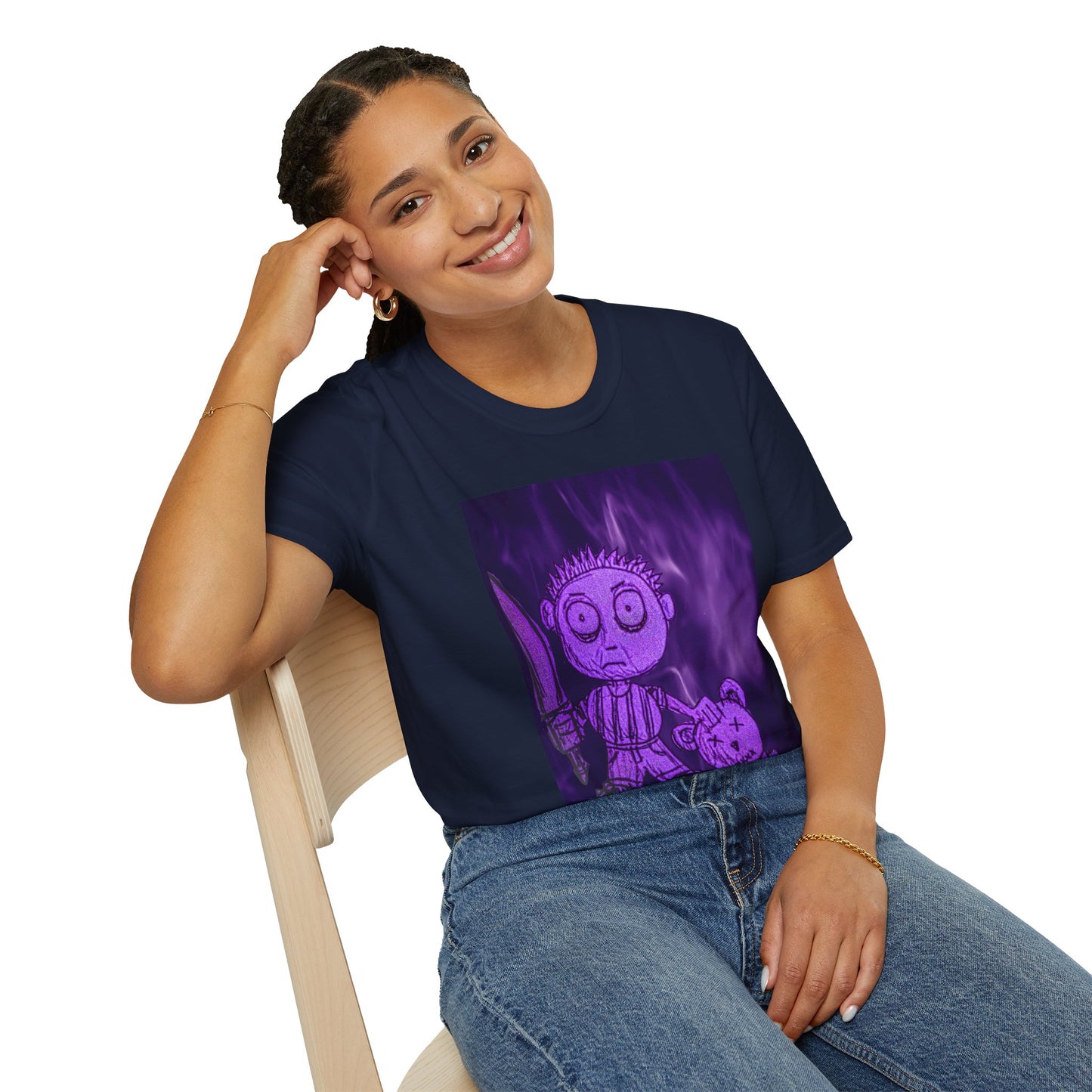 Gothic Purple Cartoon Horror Tee — Knife Kid with Teddy Graphic T-Shirt