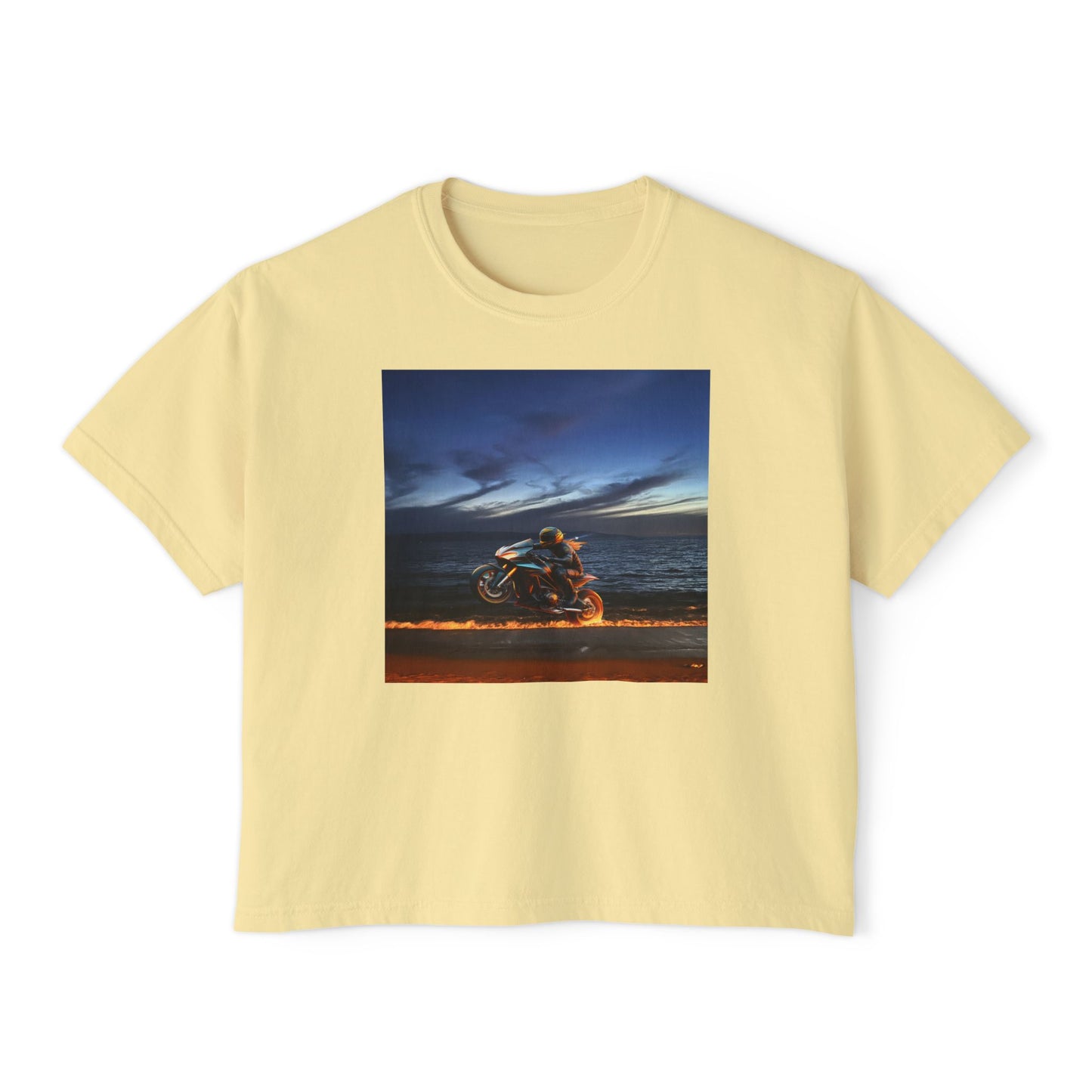 Women's Boxy Tee Fire Wheelie  Ocean Sunset Design, Relaxed Fit T-Shirt, Perfect for Casual Wear, Summer Vibe, Beach Day Gift