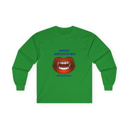 Vampire Humor Long Sleeve Tee, Unisex Halloween T-Shirt, Spooky Party, Funny Gift, Graphic Tee for Vampire Lovers, Casual Wear