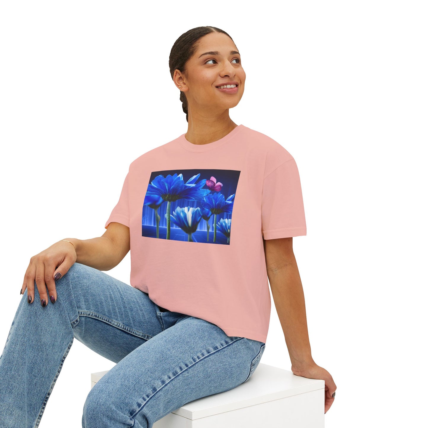 Floral Blue Flowered Backlight Women's Boxy Tee, Boho Chic Style, Perfect Summer Top, Gift for Her, Casual Cute Shirt, Nature-Inspired Apparel