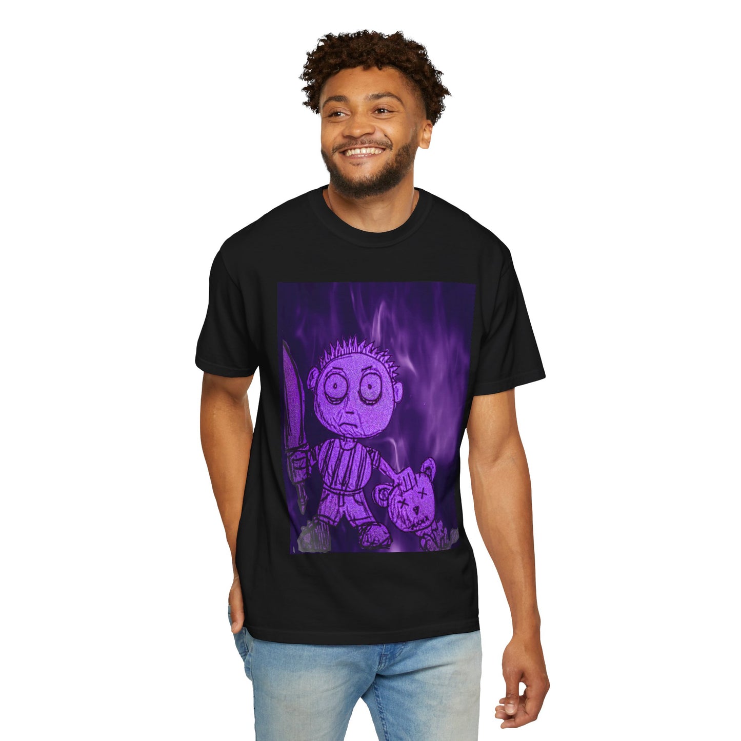 Horror Cartoon T-Shirt — Creepy Knife Kid with Broken Bunny Graphic