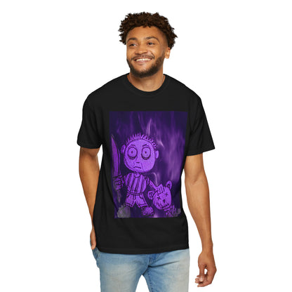 Horror Cartoon T-Shirt — Creepy Knife Kid with Broken Bunny Graphic