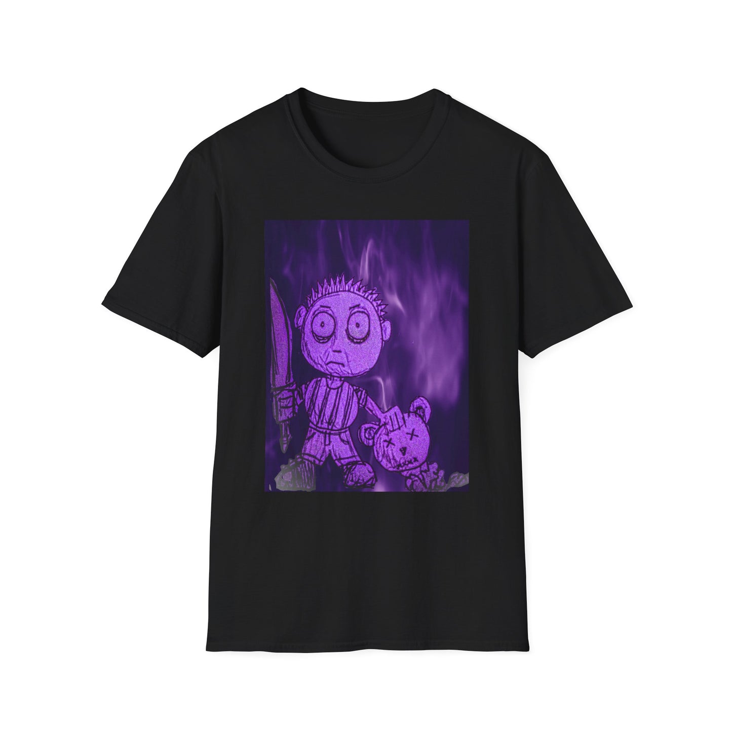 Gothic Purple Cartoon Horror Tee — Knife Kid with Teddy Graphic T-Shirt