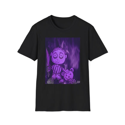 Gothic Purple Cartoon Horror Tee — Knife Kid with Teddy Graphic T-Shirt
