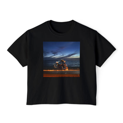 Women's Boxy Tee Fire Wheelie  Ocean Sunset Design, Relaxed Fit T-Shirt, Perfect for Casual Wear, Summer Vibe, Beach Day Gift