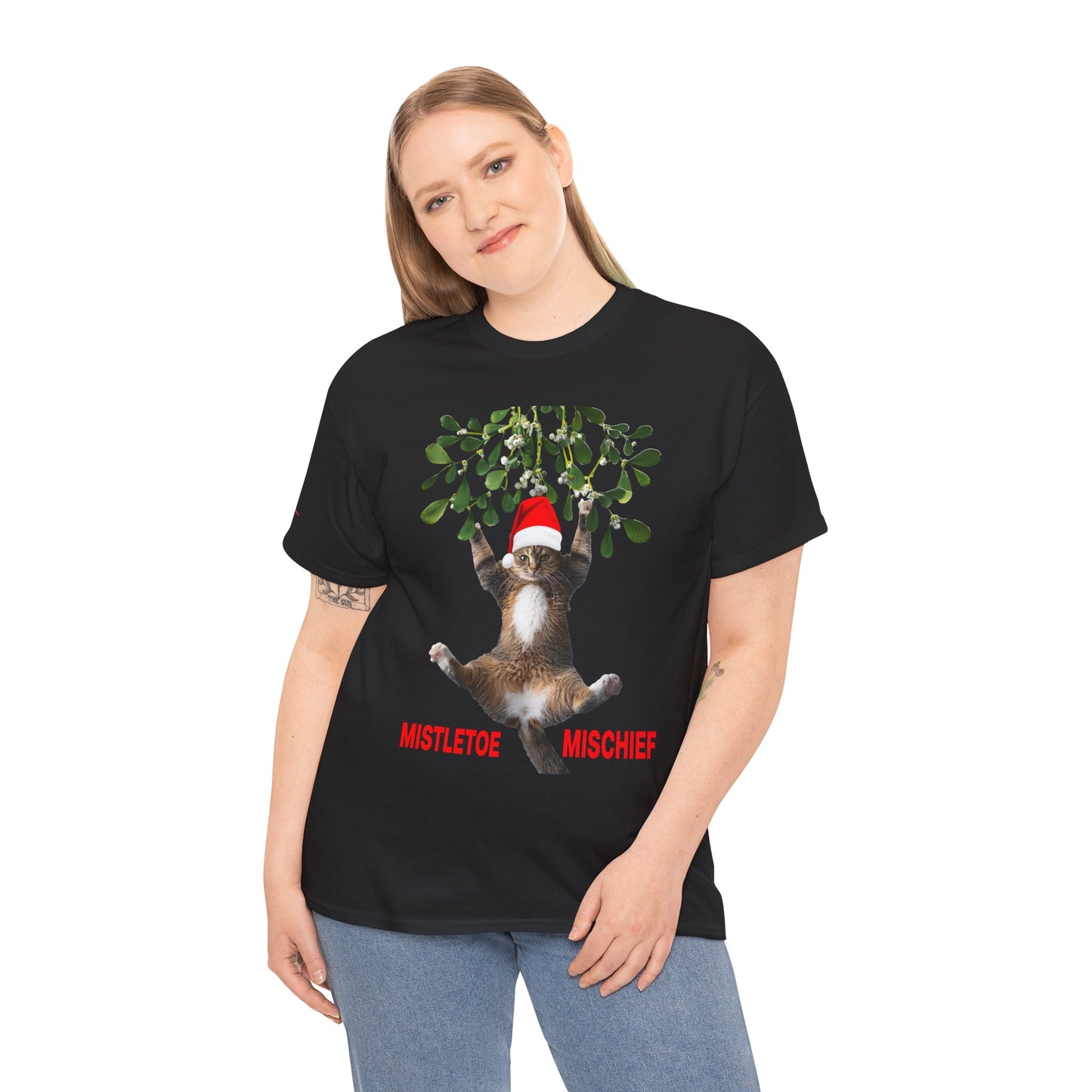 Mistletoe Mischief Cat T-Shirt — Cat in Santa Hat Hanging from Mistletoe Holiday Tee