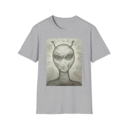 Alien Sketch B & W Unisex Softstyle T-Shirt, Casual Graphic Tee, Sci-Fi Lover Apparel, Unique Gift for UFO Enthusiasts, Everyday Wear