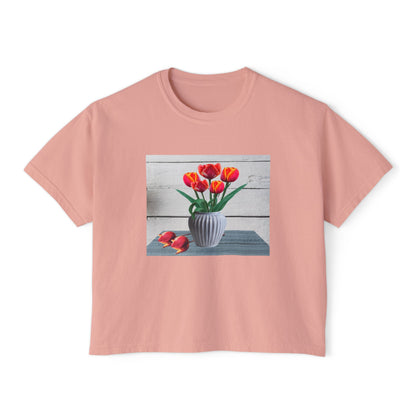 Floral Country Tulips Women's Boxy Tee - Cute Spring Top, Casual Wear, Gift for Her, Garden Lovers, Everyday Style