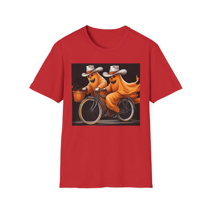 Funny cowboyGhost Bicycle T-Shirt | Halloween Tee for Kids, Unisex Festival Apparel, Ghostly Fun Wear, Spooky Season Gift