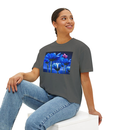 Floral Blue Flowered Backlight Women's Boxy Tee, Boho Chic Style, Perfect Summer Top, Gift for Her, Casual Cute Shirt, Nature-Inspired Apparel