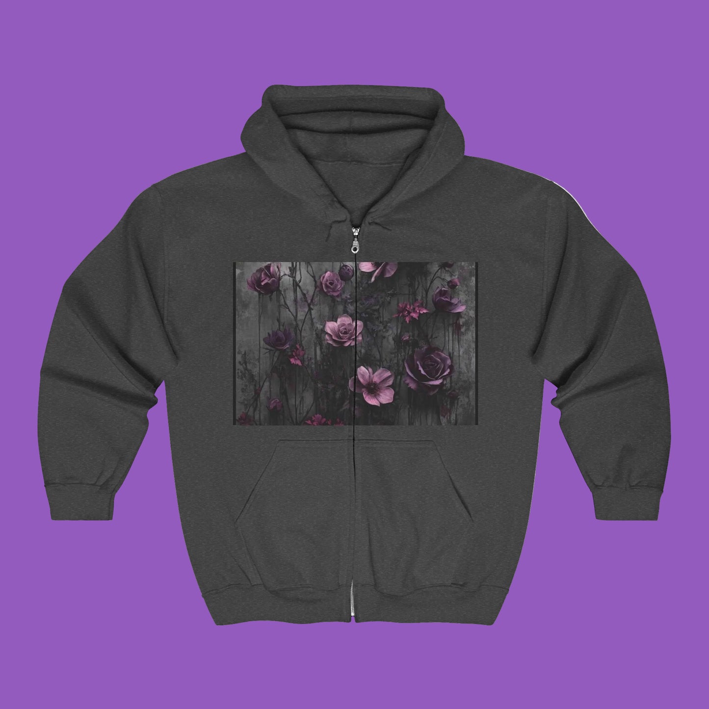 Faded Floral Art Full Zip Hoodie, Cozy Zip-Up Sweatshirt, Great for Fall Fashion