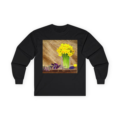 Burlap Floral Long Sleeve Tee - Perfect for Outdoor Gatherings, Gift for Garden Lovers, Spring Celebrations, Cozy Casual Wear
