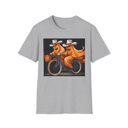 Funny cowboyGhost Bicycle T-Shirt | Halloween Tee for Kids, Unisex Festival Apparel, Ghostly Fun Wear, Spooky Season Gift