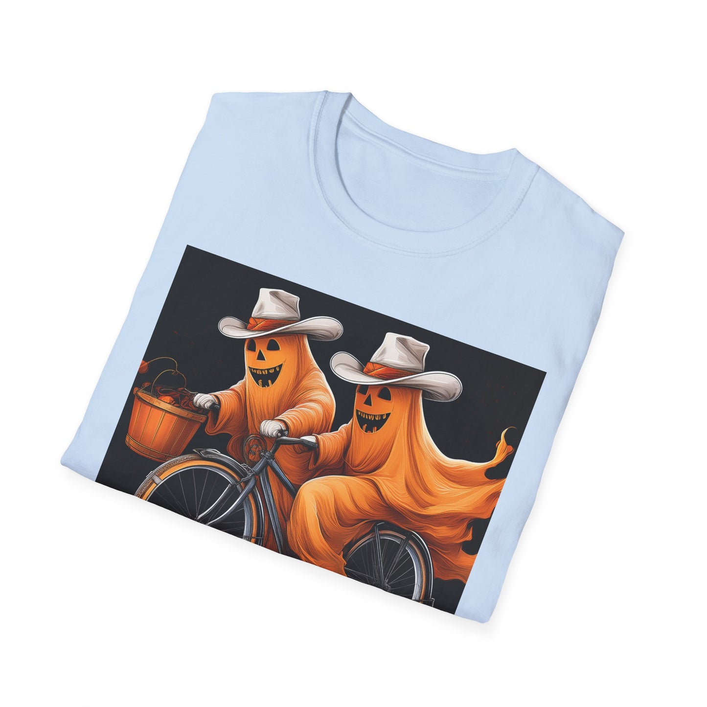 Funny cowboyGhost Bicycle T-Shirt | Halloween Tee for Kids, Unisex Festival Apparel, Ghostly Fun Wear, Spooky Season Gift