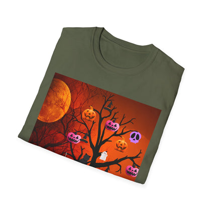 Halloween Pumpkin Tree T-Shirt, Unisex Softstyle Tee for Halloween, Spooky Vibes, Autumn Fashion, Fall Celebration Shirt