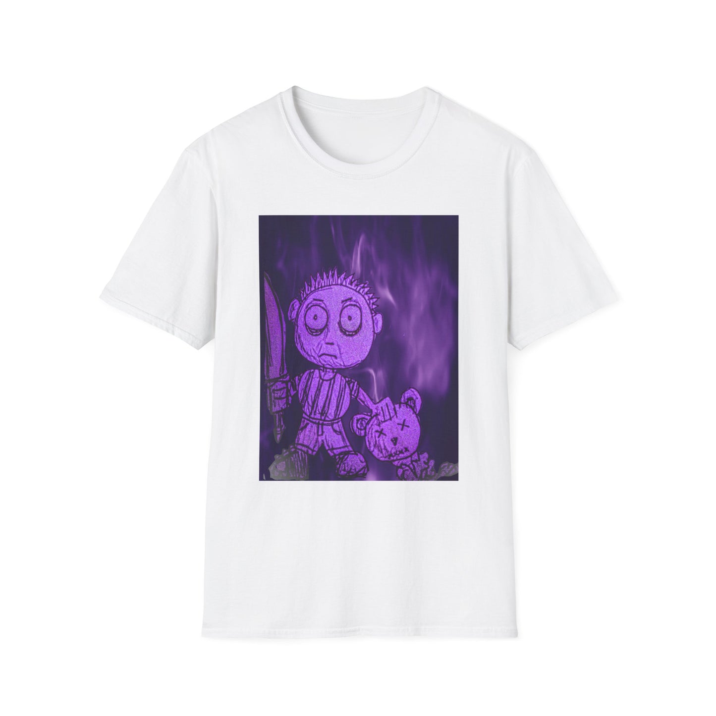 Gothic Purple Cartoon Horror Tee — Knife Kid with Teddy Graphic T-Shirt