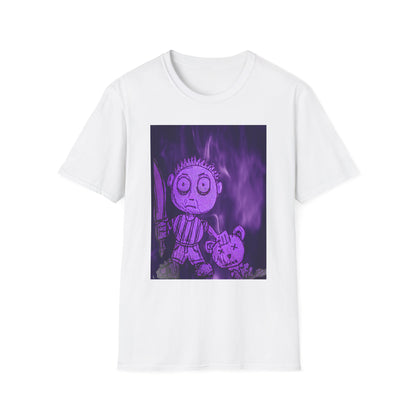 Gothic Purple Cartoon Horror Tee — Knife Kid with Teddy Graphic T-Shirt