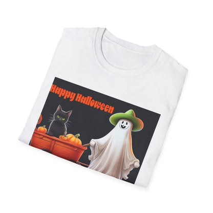 Halloween Ghost with wagon t-Shirt, trick or treating  Funny Halloween Tee, Unisex Casual Shirt, Cute Halloween Costume, Spooky Holiday Apparel