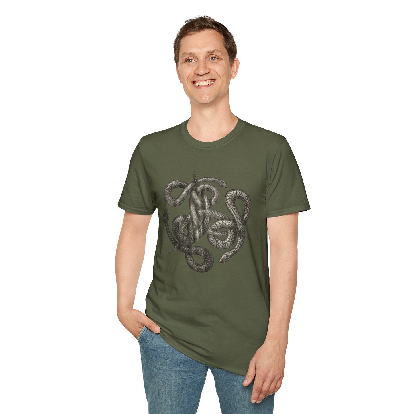 Serpent Design T-Shirt - Unisex Softstyle Apparel for Nature Lovers, Graphic Tee, Casual Wear, Gift for Her/Him, Birthday