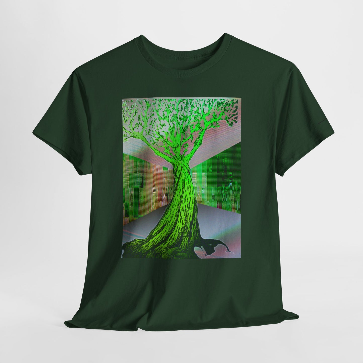 Green Neon Tree Graphic Tee – Surreal Nature Art T-Shirt