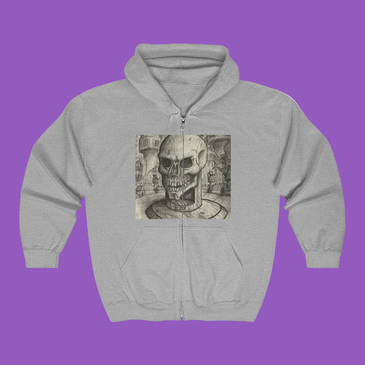 Gothic Black and White Skull Zip Hoodie, Unique Art Sweatshirt, Unisex Heavy Blend Hoodie
