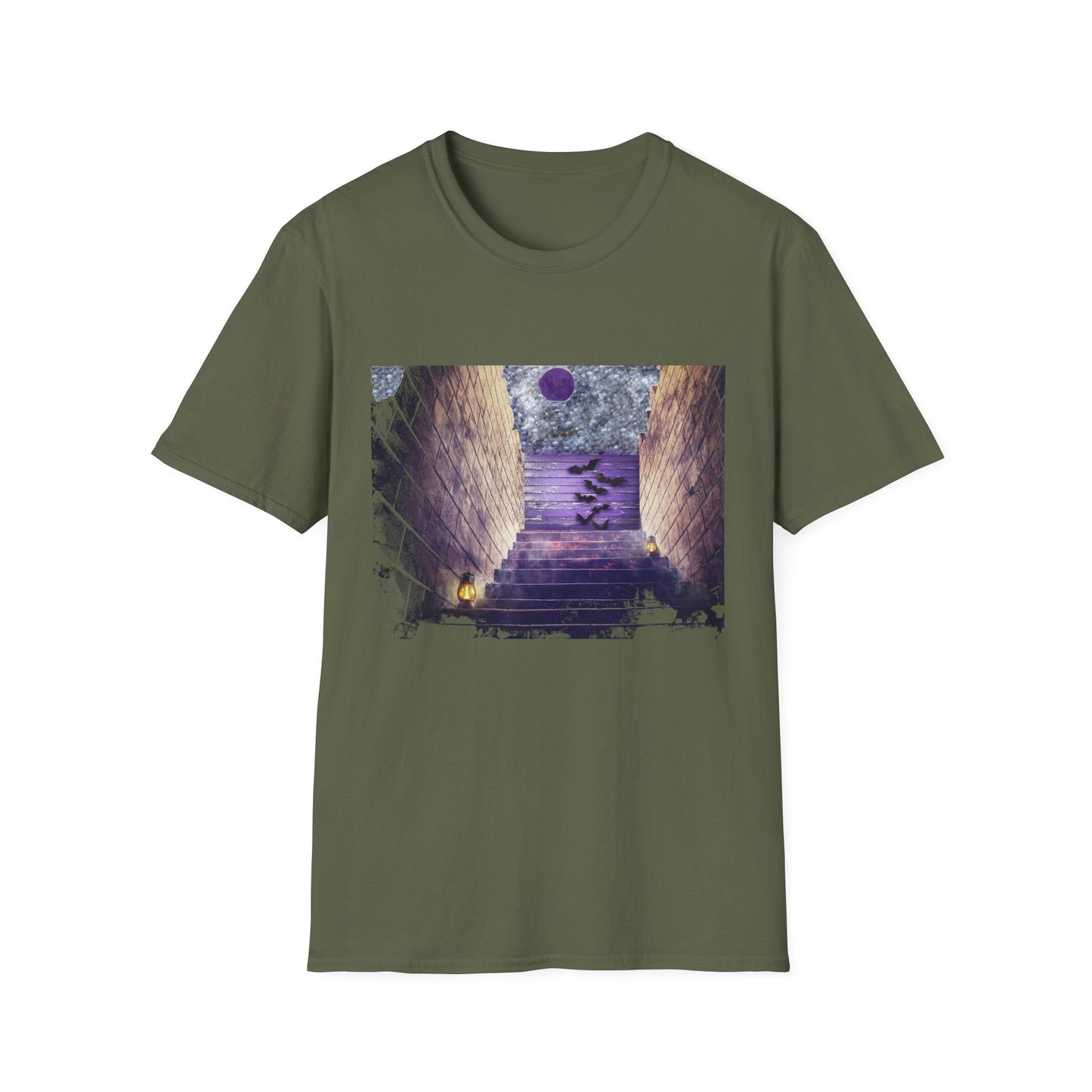 Mystical Stairway Bats Unisex T-Shirt - Softstyle Tee for Dreamers, Perfect for Gifting, Spiritual Occasions, Casual Wear, Art Lovers, [...]