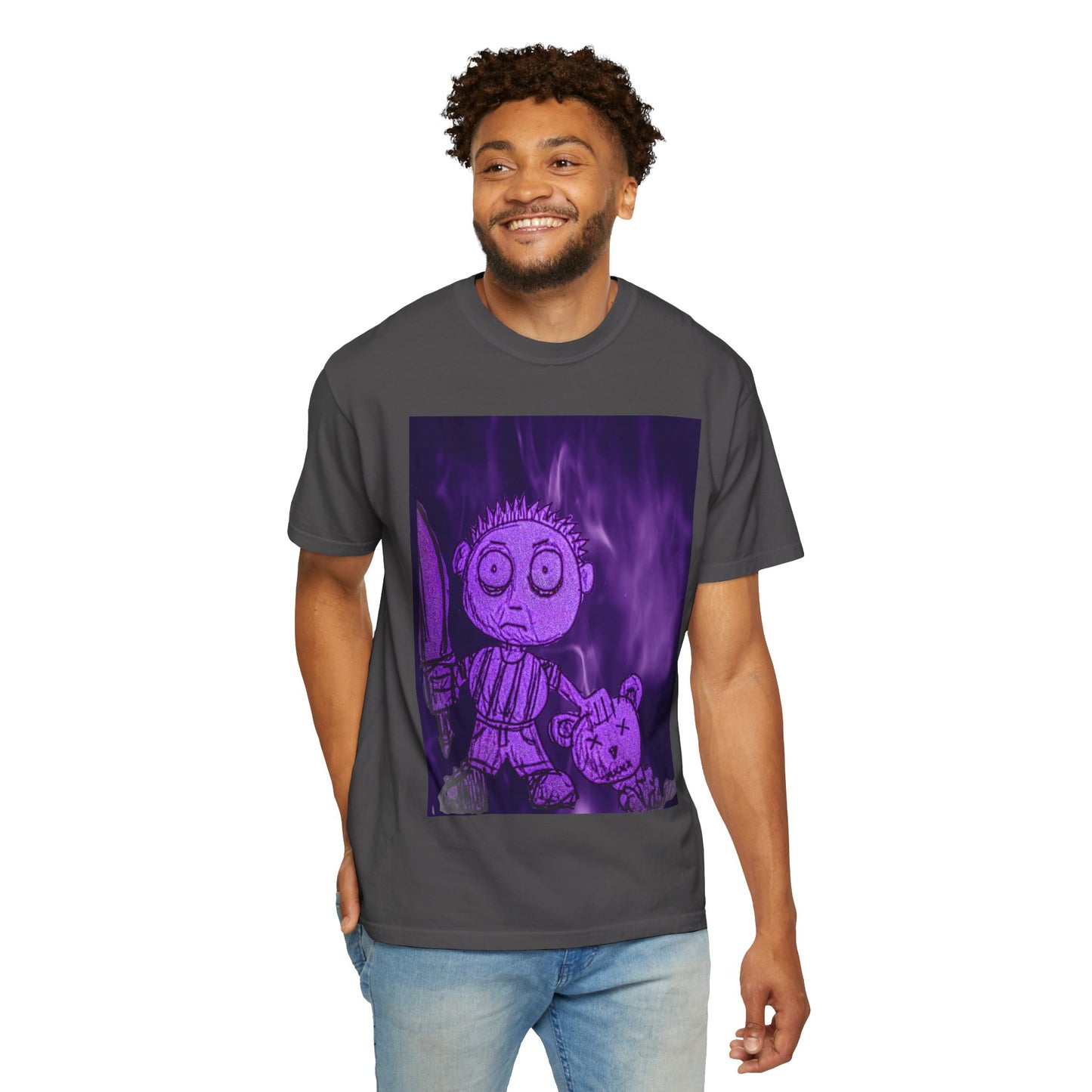 Horror Cartoon T-Shirt — Creepy Knife Kid with Broken Bunny Graphic