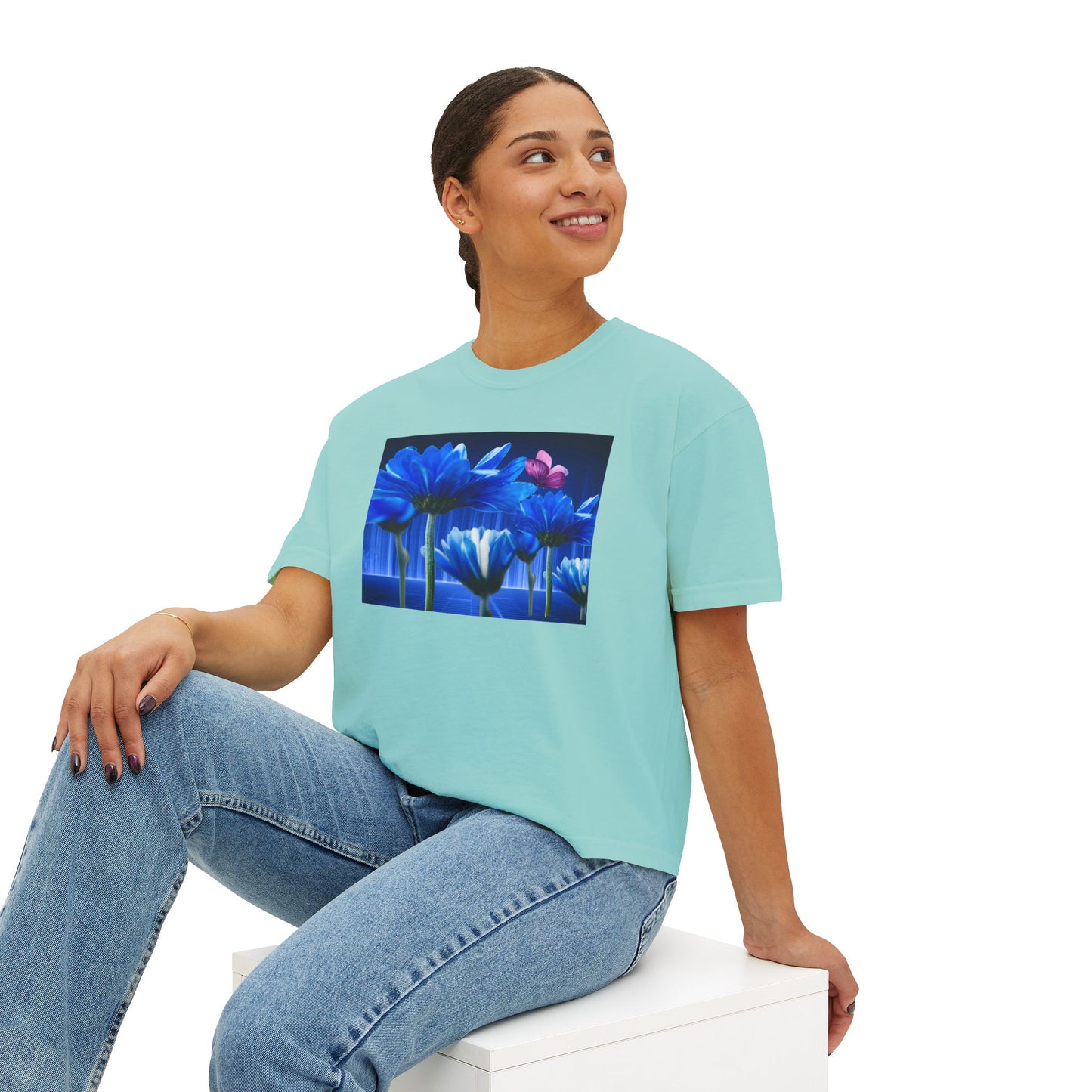 Floral Blue Flowered Backlight Women's Boxy Tee, Boho Chic Style, Perfect Summer Top, Gift for Her, Casual Cute Shirt, Nature-Inspired Apparel
