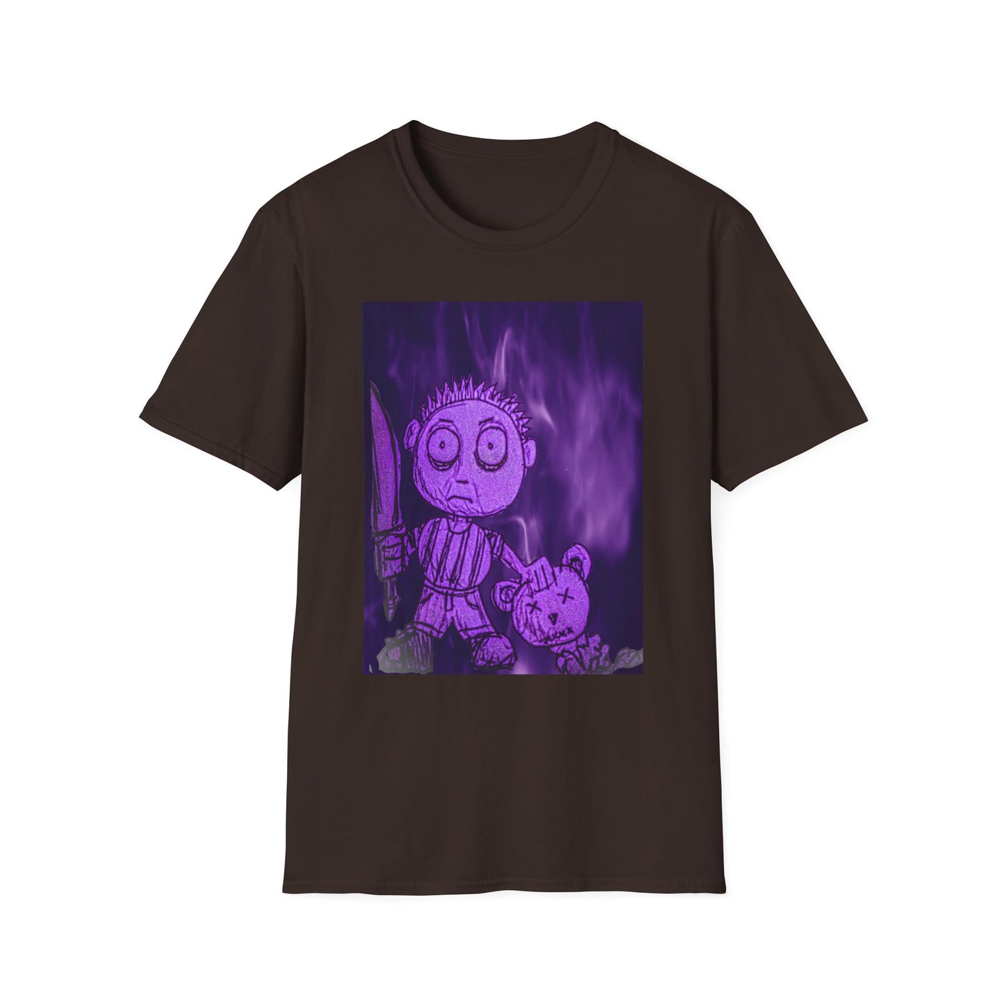 Gothic Purple Cartoon Horror Tee — Knife Kid with Teddy Graphic T-Shirt