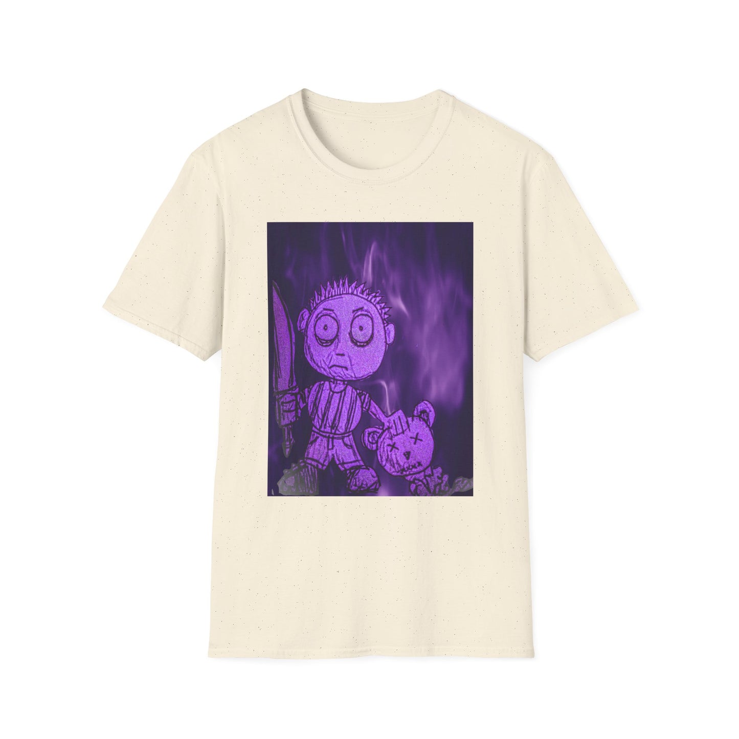 Gothic Purple Cartoon Horror Tee — Knife Kid with Teddy Graphic T-Shirt
