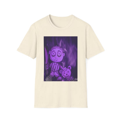 Gothic Purple Cartoon Horror Tee — Knife Kid with Teddy Graphic T-Shirt