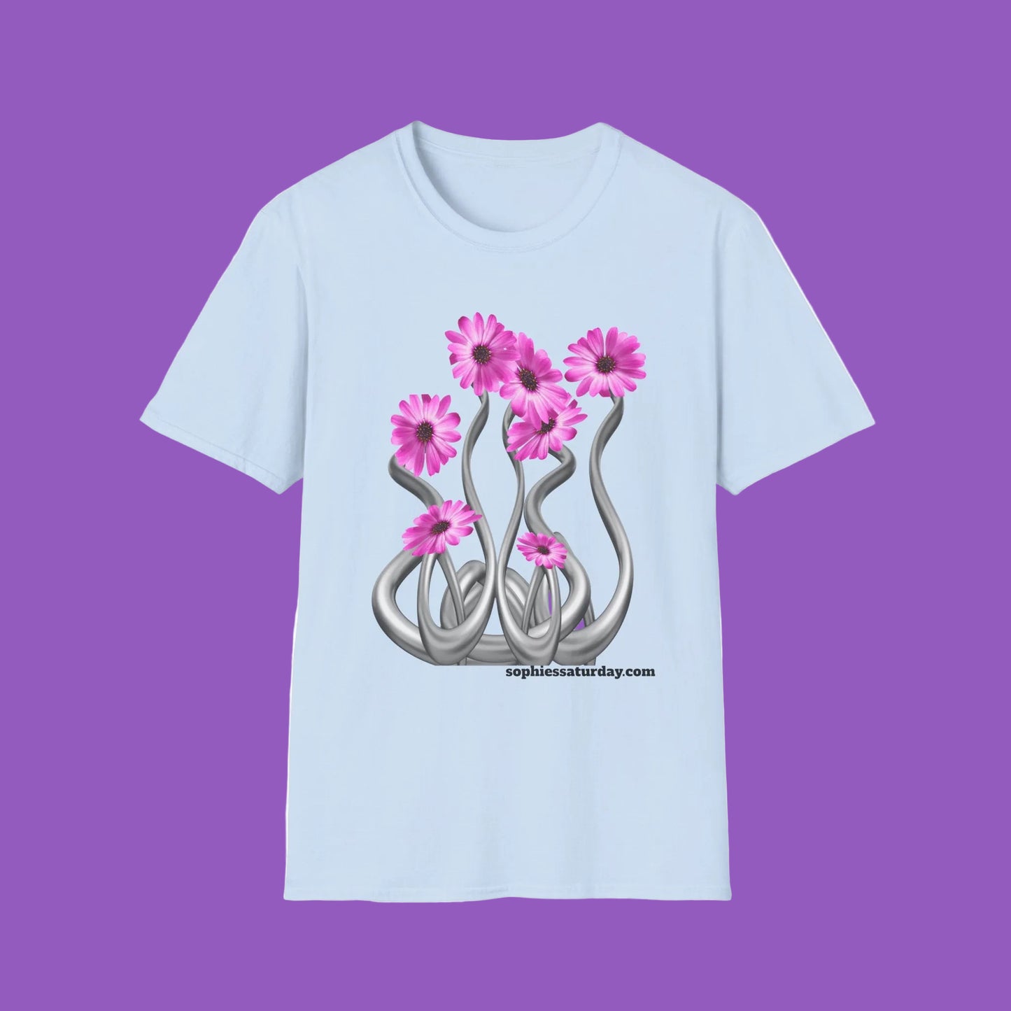 Floral Metal Futuristic Twist T‑Shirt — Pink Daisy Vine Graphic Tee