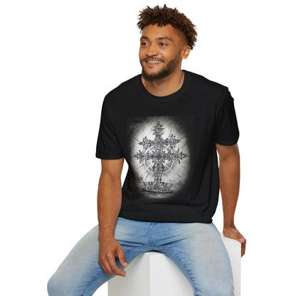 Celtic Cross Graphic Tee, Unisex Softstyle T-Shirt, Spiritual Cross Design Shirt, Casual Wear, Gift for Him/Her