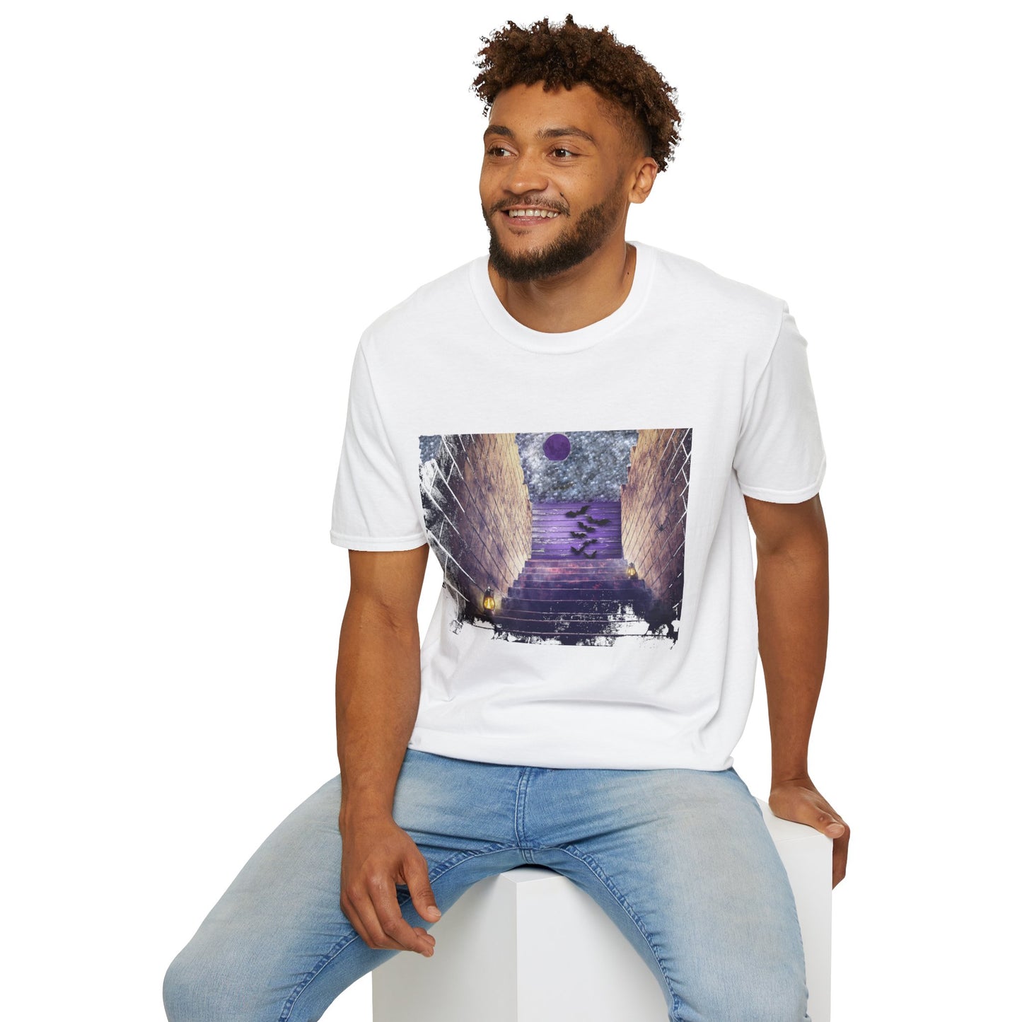 Mystical Stairway Bats Unisex T-Shirt - Softstyle Tee for Dreamers, Perfect for Gifting, Spiritual Occasions, Casual Wear, Art Lovers, [...]