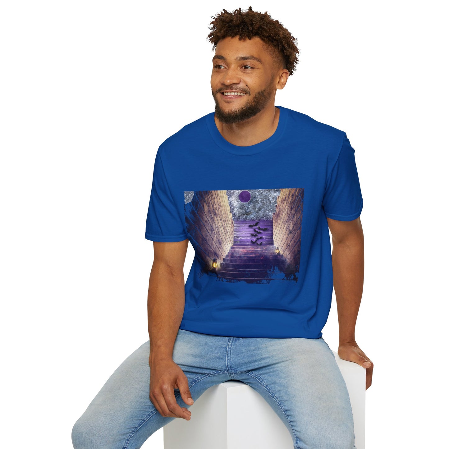 Mystical Stairway Bats Unisex T-Shirt - Softstyle Tee for Dreamers, Perfect for Gifting, Spiritual Occasions, Casual Wear, Art Lovers, [...]