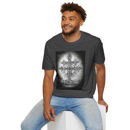 Celtic Cross Graphic Tee, Unisex Softstyle T-Shirt, Spiritual Cross Design Shirt, Casual Wear, Gift for Him/Her