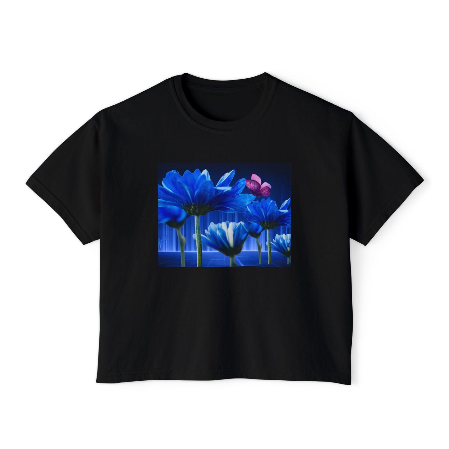 Floral Blue Flowered Backlight Women's Boxy Tee, Boho Chic Style, Perfect Summer Top, Gift for Her, Casual Cute Shirt, Nature-Inspired Apparel