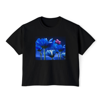 Floral Blue Flowered Backlight Women's Boxy Tee, Boho Chic Style, Perfect Summer Top, Gift for Her, Casual Cute Shirt, Nature-Inspired Apparel