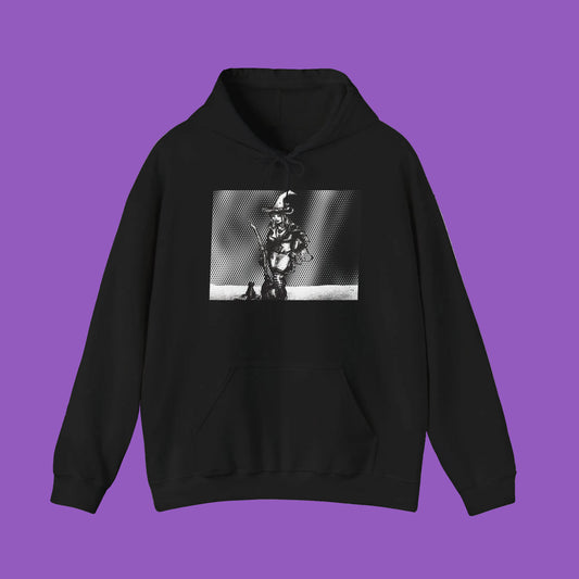 Black Cat And Witch Pixel Art Hoodie — Hand-Drawn Monochrome Half-Pixel Backdrop
